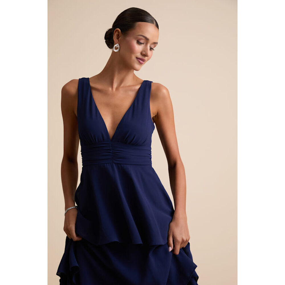 Lulus Celebration Time Navy Blue Sleeveless Tiered Midi Dress - Size L